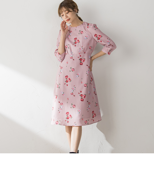 【選べる2丈】ROSEプリントAラインワンピース ≪手洗い可能≫