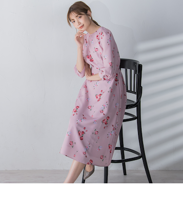 【選べる2丈】ROSEプリントAラインワンピース ≪手洗い可能≫