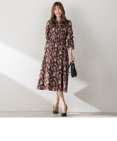 【選べる2丈シリーズ】Dahliaプリントワンピース ≪手洗い可能≫