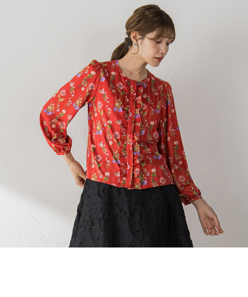 Dahliaプリントフリルブラウス ≪洗濯機で洗える≫