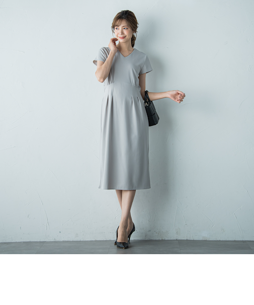 カットジョーゼット半袖Vワンピース≪洗濯機で洗える≫