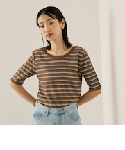 ランダムリブボーダーハーフスリーブカットソー≪手洗い可能≫