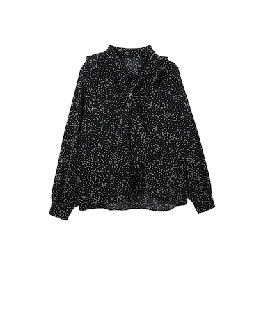 デシンVネックフリルドットボウタイブラウス