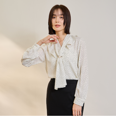 デシンVネックフリルドットボウタイブラウス