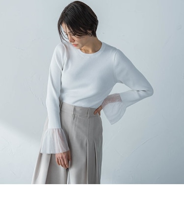 【洗えるニット】袖シアーリブニット