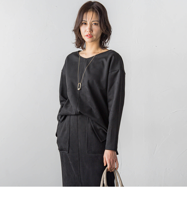 【WEB限定】スエードVネックストレッチカットソー≪セットアップ対応/洗濯機で洗える≫