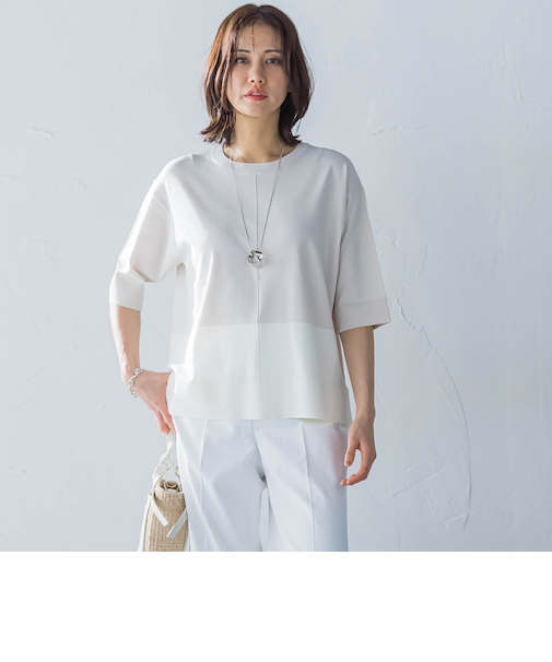 5分袖Tシャツライクニット≪手洗い可能≫