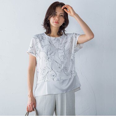 ラインフラワープリントブラウス≪洗濯機で洗える≫