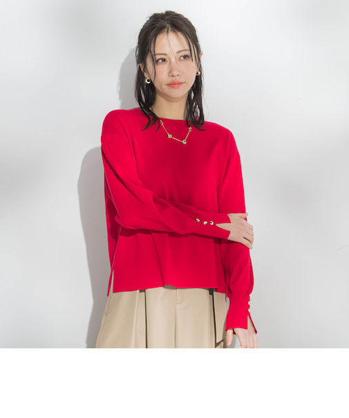 袖ボタンクルーネックニット ≪手洗い可能≫