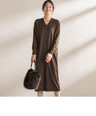 【WEB限定】Vネックニットワンピース≪丈長めあり/手洗い可能≫