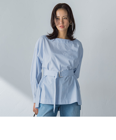 ボートネックコットンポプリンストライプブラウス