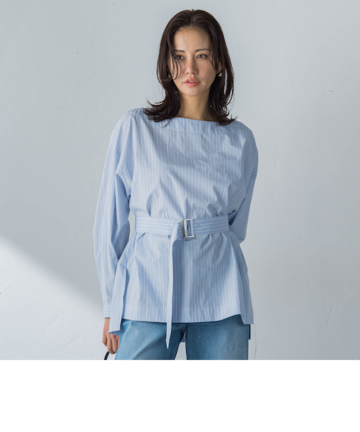 ボートネックコットンポプリンストライプブラウス