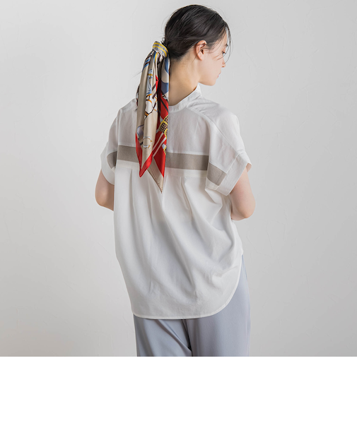 【WEB限定】麻調バックヨークテープ切替えブラウス≪洗濯機で洗える≫