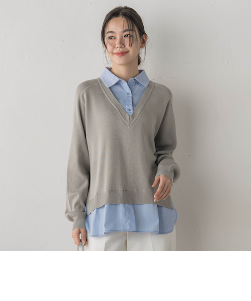 【WEB限定】Vネックブラウス切替えプルオーバー≪手洗い可能≫