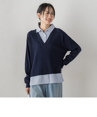 【WEB限定】Vネックブラウス切替えプルオーバー≪手洗い可能≫