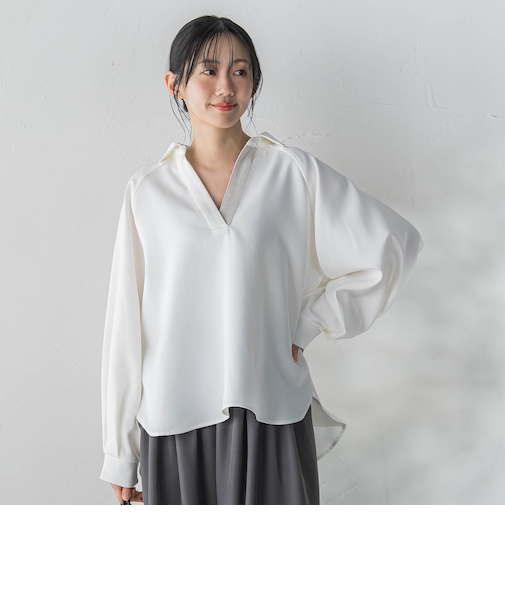 【WEB限定】パウダーストレッチ合わせネックブラウス≪手洗い可能≫