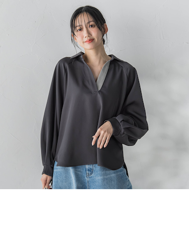 【WEB限定】パウダーストレッチ合わせネックブラウス≪手洗い可能≫