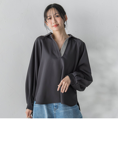 【WEB限定】パウダーストレッチ合わせネックブラウス≪手洗い可能≫