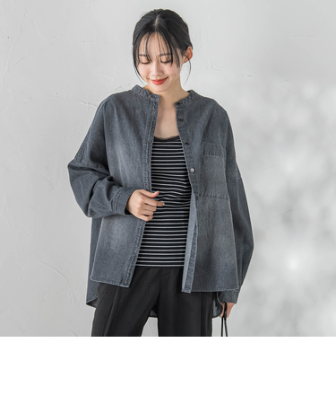 バンドカラーデニムシャツ≪洗濯機で洗える≫