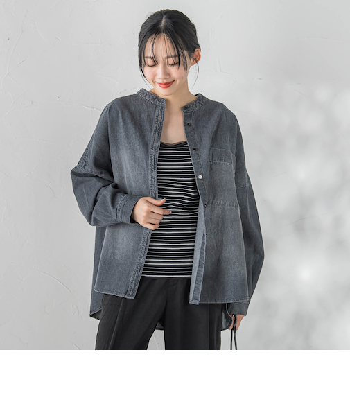 バンドカラーデニムシャツ≪洗濯機で洗える≫