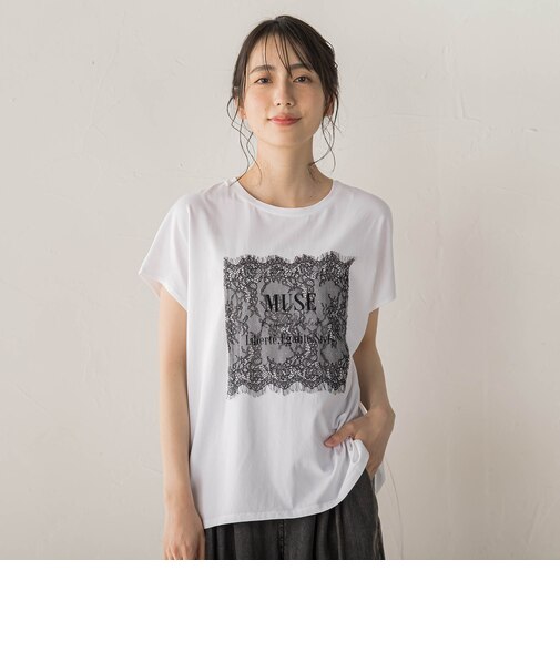 レースたたき付けプリントTシャツ