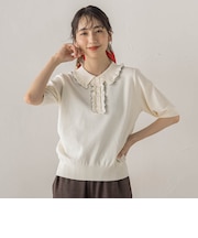 鹿の子編み配色フリルポロニットプルオーバー