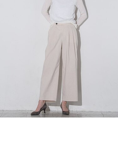 【大きいサイズ】スマッシュリネンストライプタックワイドパンツ≪洗濯機で洗える≫