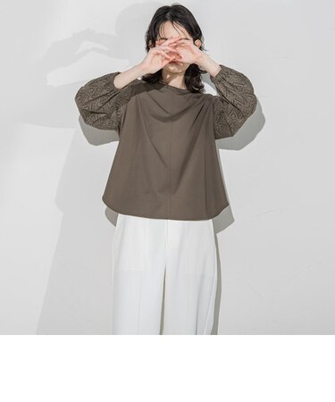 レース刺繍袖ボリュームカットソー≪洗濯機で洗える≫