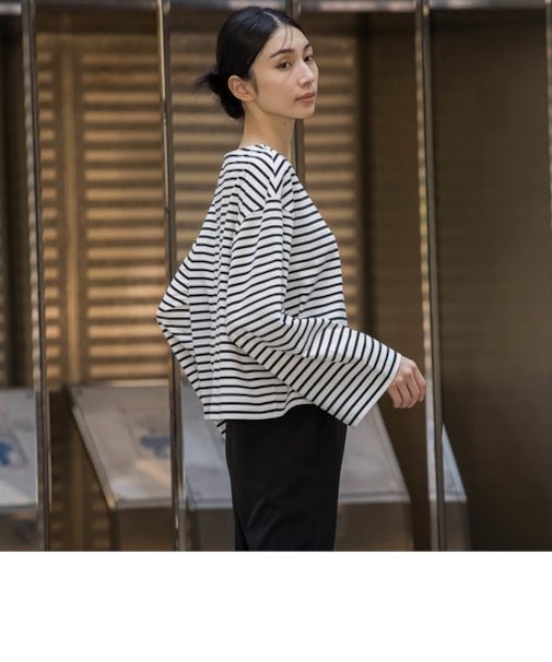 ワイドスリーブボーダーカットソー≪洗濯機で洗える/吸水速乾/紫外線防止≫