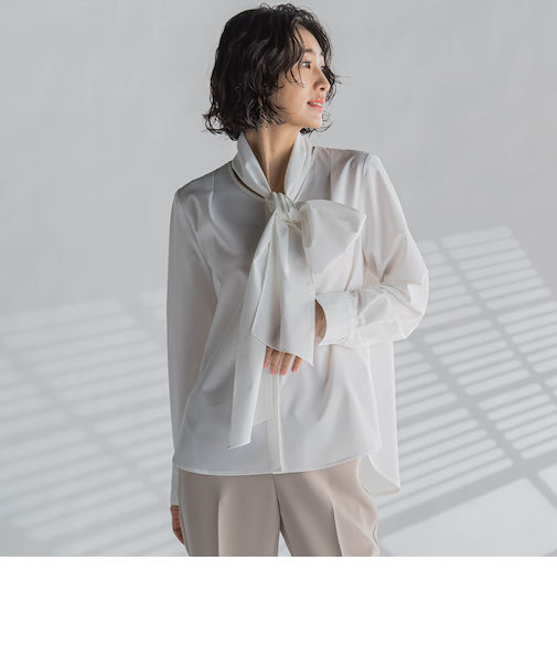 【大きいサイズ】ボウタイリボンブラウス≪洗濯機で洗える≫