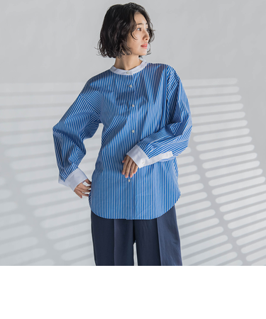 【大きいサイズ】バンドカラーシャツ≪洗濯機で洗える≫