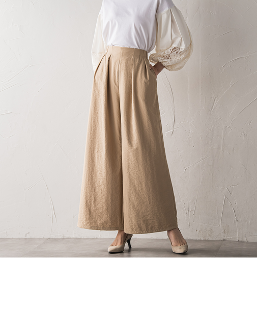 【大きいサイズ】【biyori】”楽ちんキレイ”リネン風ワイドパンツ≪洗濯機で洗える≫