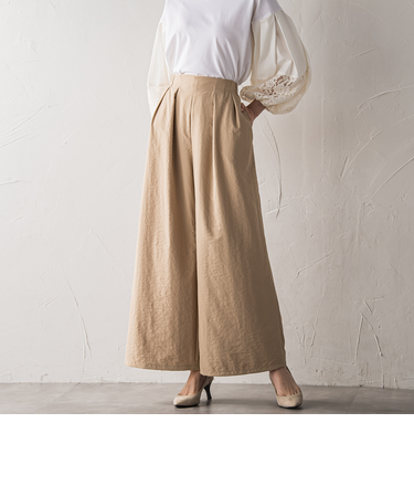【biyori】”楽ちんキレイ”リネン風ワイドパンツ≪洗濯機で洗える≫