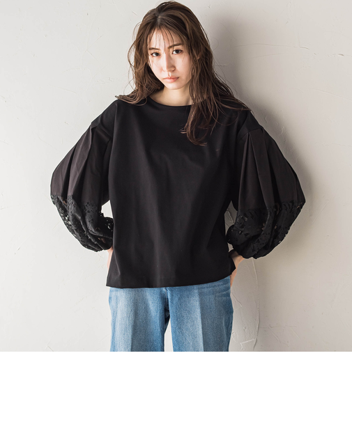 【biyori】”二の腕すっきり”レース袖カットソー≪手洗い可能≫