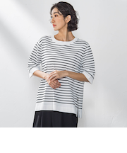 【大きいサイズ】Tシャツ風ボーダーニットプルオーバー≪手洗い可能≫