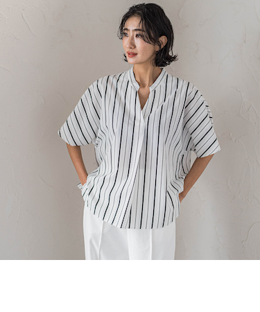 【大きいサイズ】半袖ストライプブラウス≪洗濯機で洗える≫