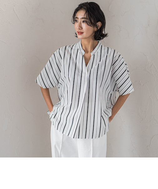 【大きいサイズ】半袖ストライプブラウス≪洗濯機で洗える≫