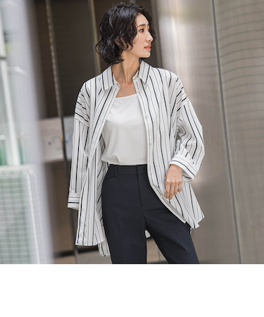 【大きいサイズ】オーバーサイズストライプシャツ≪洗濯機で洗える≫