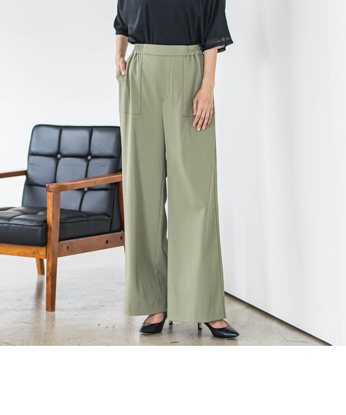 【大きいサイズ】パッチポケットワイドパンツ≪洗濯機で洗える≫