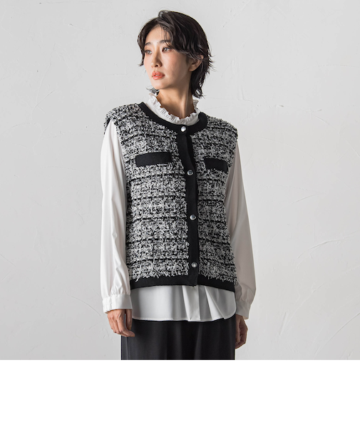 【大きいサイズ】ファンシーツイードニットジレ