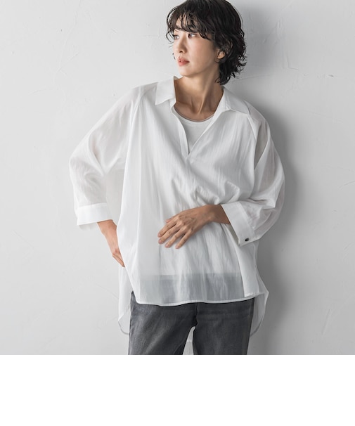 【大きいサイズ】肌映え！スキッパーシアーブラウス