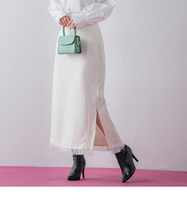 【秋のムードがたっぷり】ツィードフリンジスリットナロースカート《洗濯機で洗える》