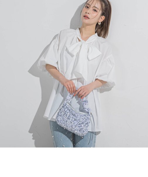 新色追加【バルーン袖がポイント】ボウタイブラウス≪洗濯機で洗える≫