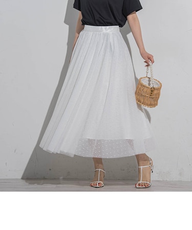 【ドットシリーズ】チュールフレアースカート≪洗濯機で洗える≫