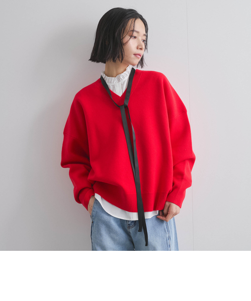 ダブルジャカードVネックニット≪手洗い可能≫