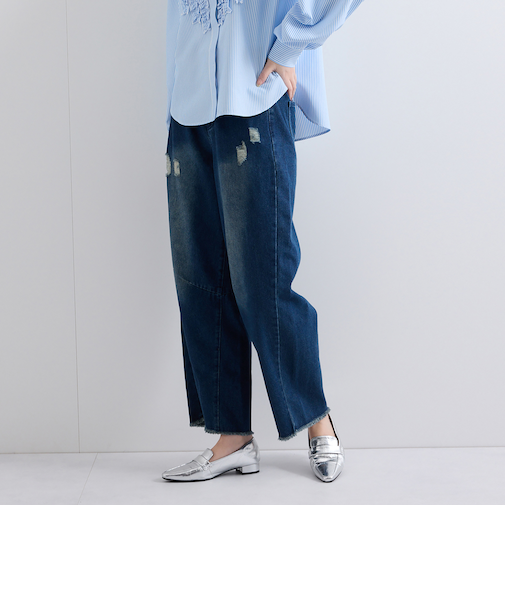 カーブダメージデニムパンツ≪洗濯機で洗える≫