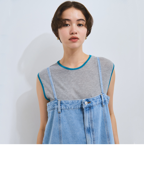 麻タッチ配色ニットノースリトップス≪手洗い可能≫