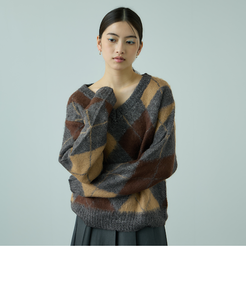 アーガイルVネックニット≪手洗い可能≫