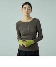 配色キーネックリブニットプルオーバー≪手洗い可能≫