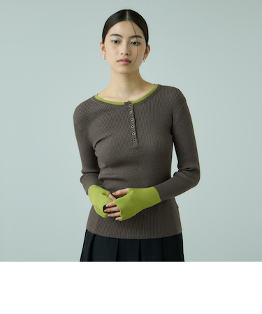 配色キーネックリブニットプルオーバー≪手洗い可能≫